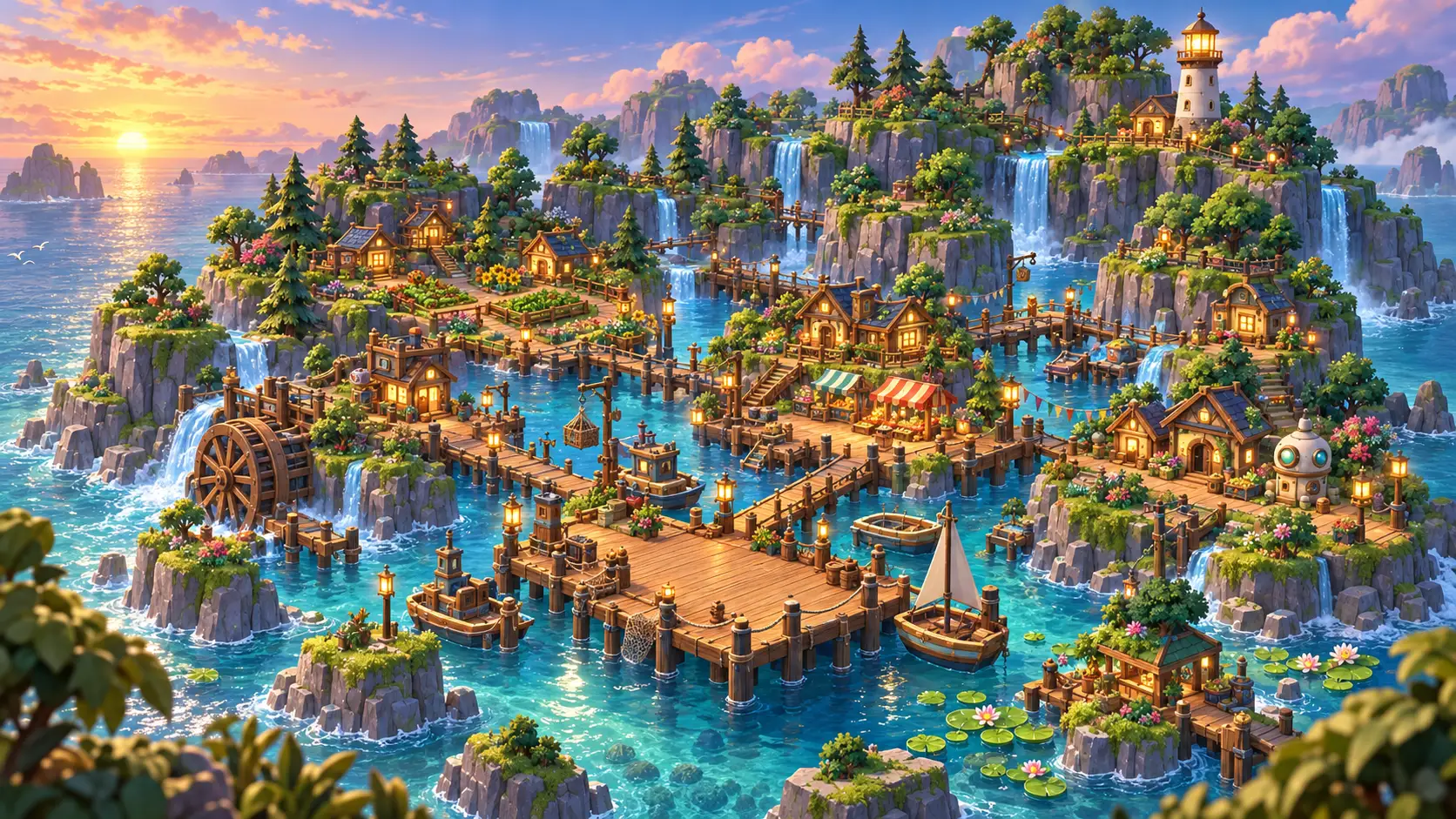 Original concept art for Dewdrops Docks: a waterside garden harbor with timber docks, canals, waterfalls, bridges, planters, and a lighthouse.