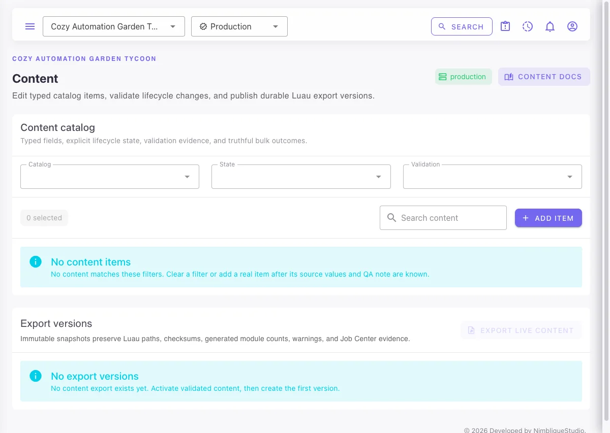 LiveOps Goblin content catalog and export version screen showing explicit empty states.