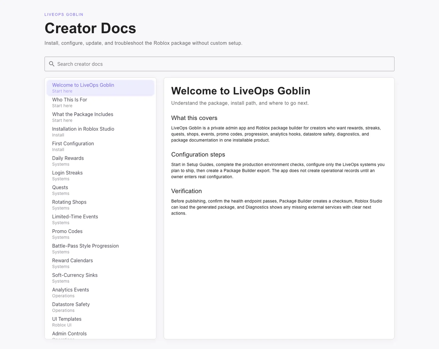 LiveOps Goblin creator documentation covering package installation and system configuration.