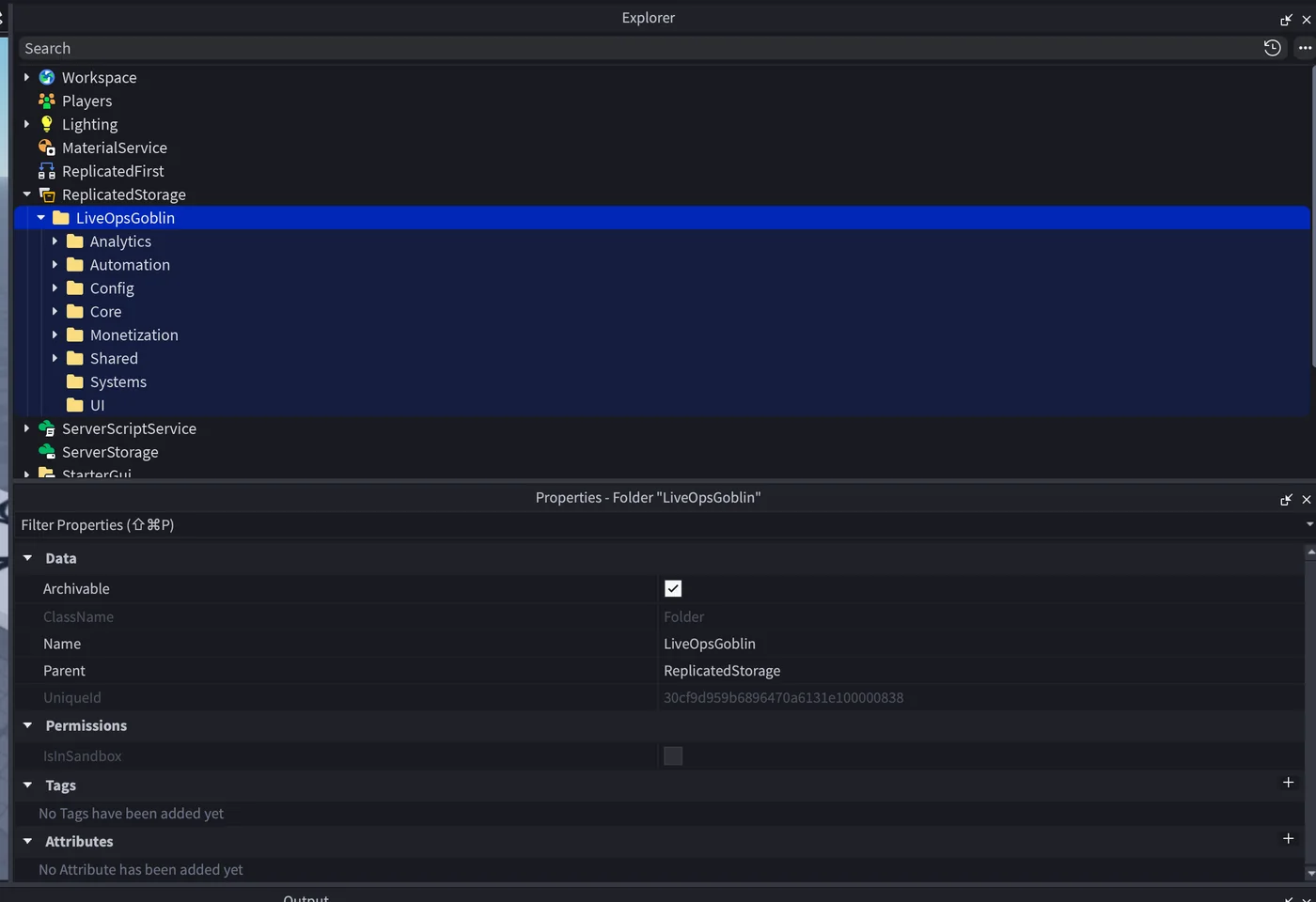 Roblox Studio Explorer showing the LiveOps Goblin runtime package modules.