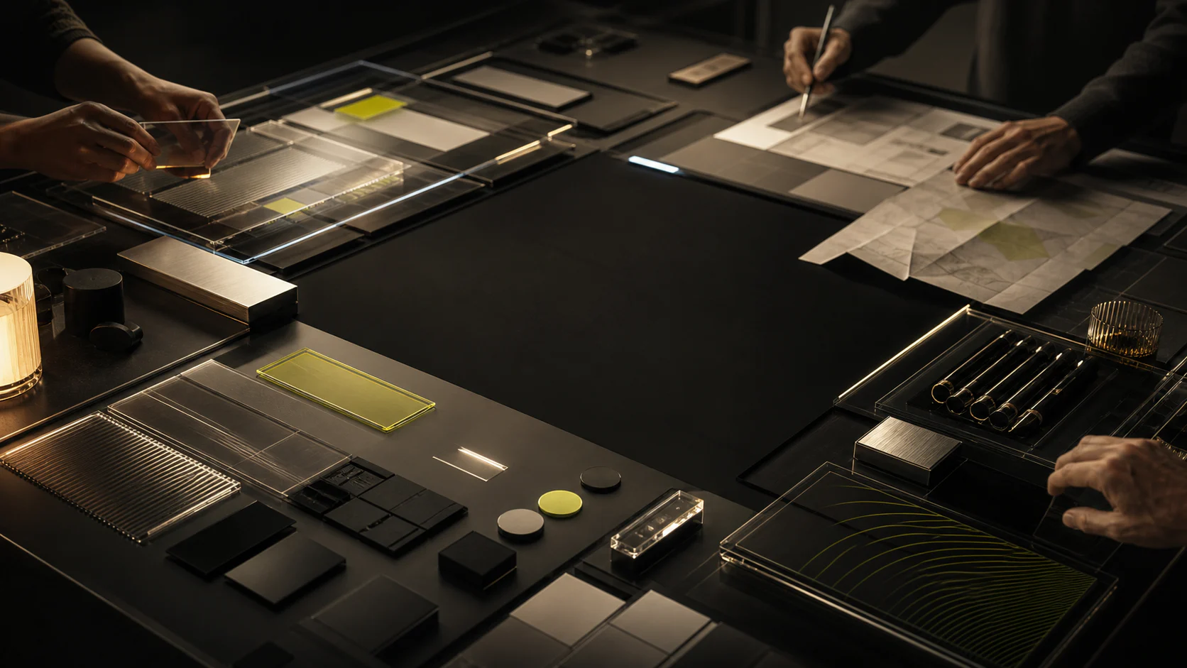 Product-system materials being framed on a dark studio table