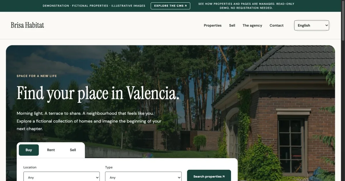 Brisa Habitat website with property-search controls and a fictional-property disclosure.