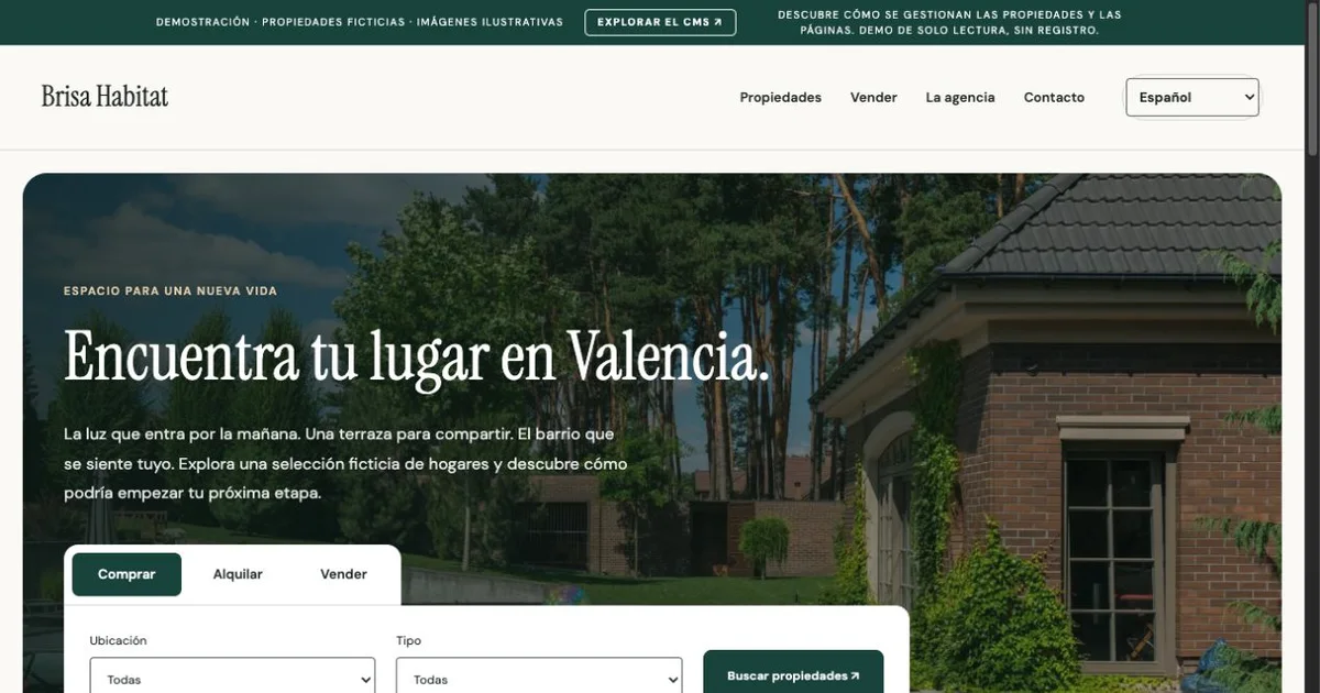 Web de Brisa Habitat con buscador de inmuebles y aviso de propiedades ficticias.
