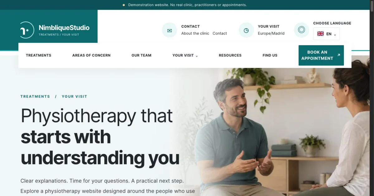 Clinic website with treatment navigation and an appointment entry.