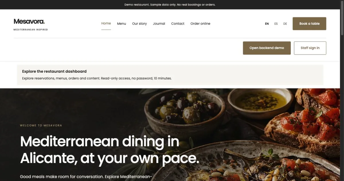 Mesavora restaurant website with public demo access and a Mediterranean dining introduction.