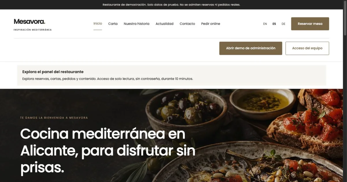 Web del restaurante Mesavora con acceso a la demo y una presentación de cocina mediterránea.